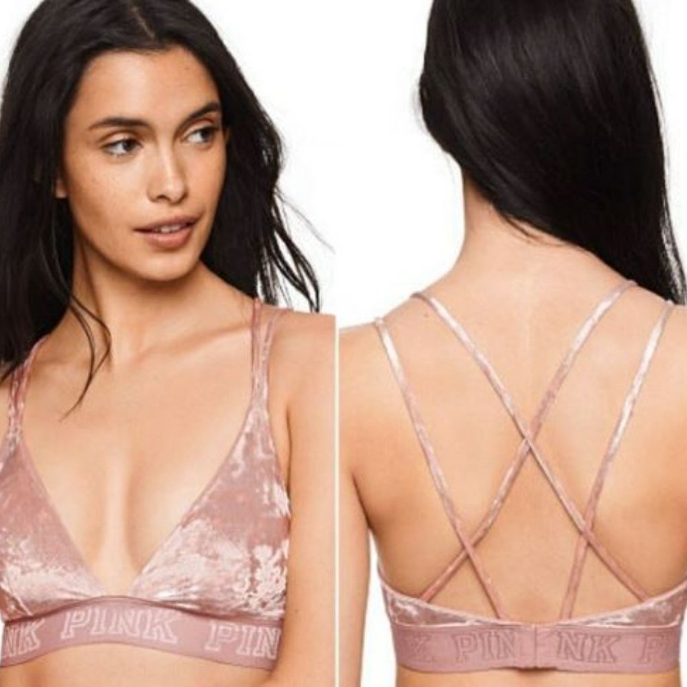 PINK by VS| NWOT Crushed velvet bralette w/logo band cross straps in back SZ L
